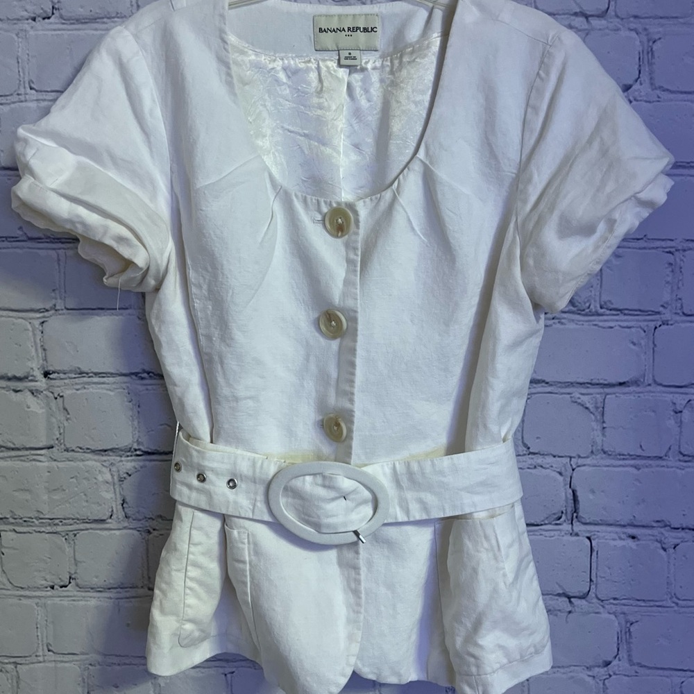 Banana Republic White Button Down Belted Waist Short Sleeve Blouse Size 8